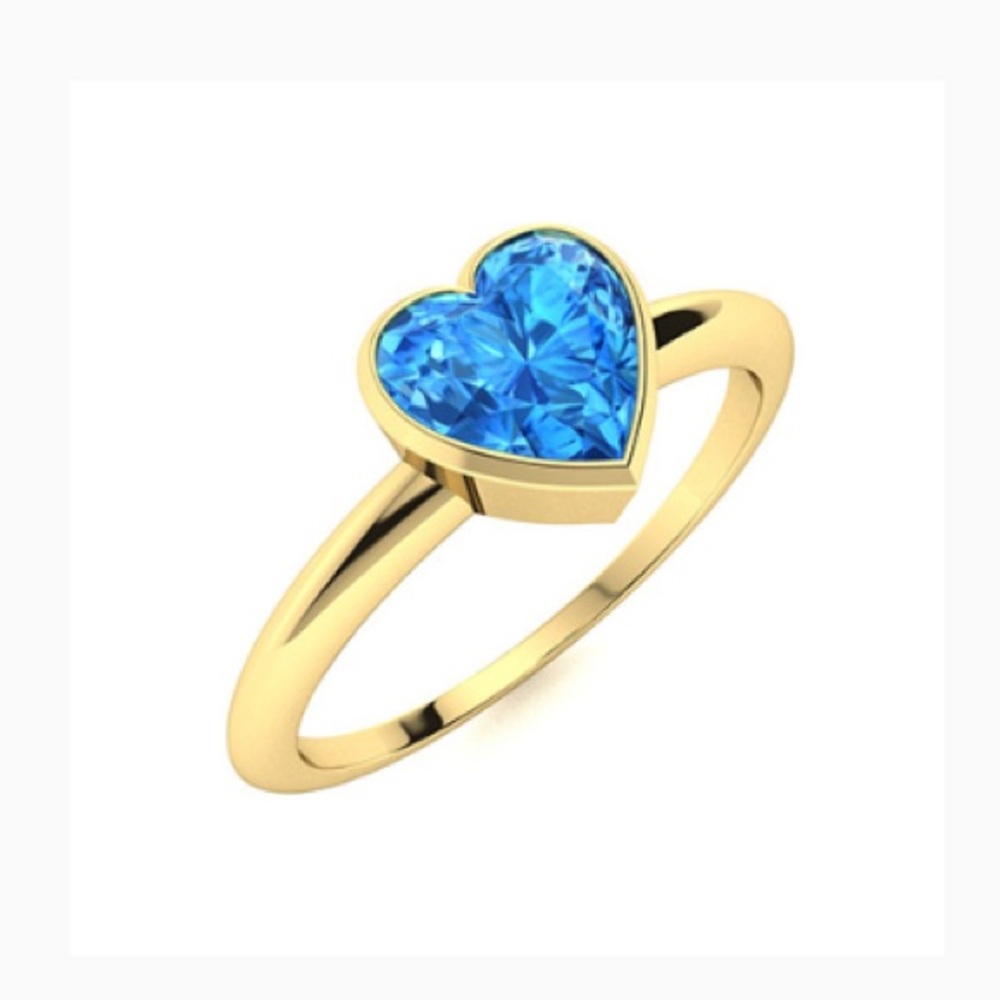 Solid 18k yellow gold 3.51 carat Swiss blue topaz bezel heart in ring